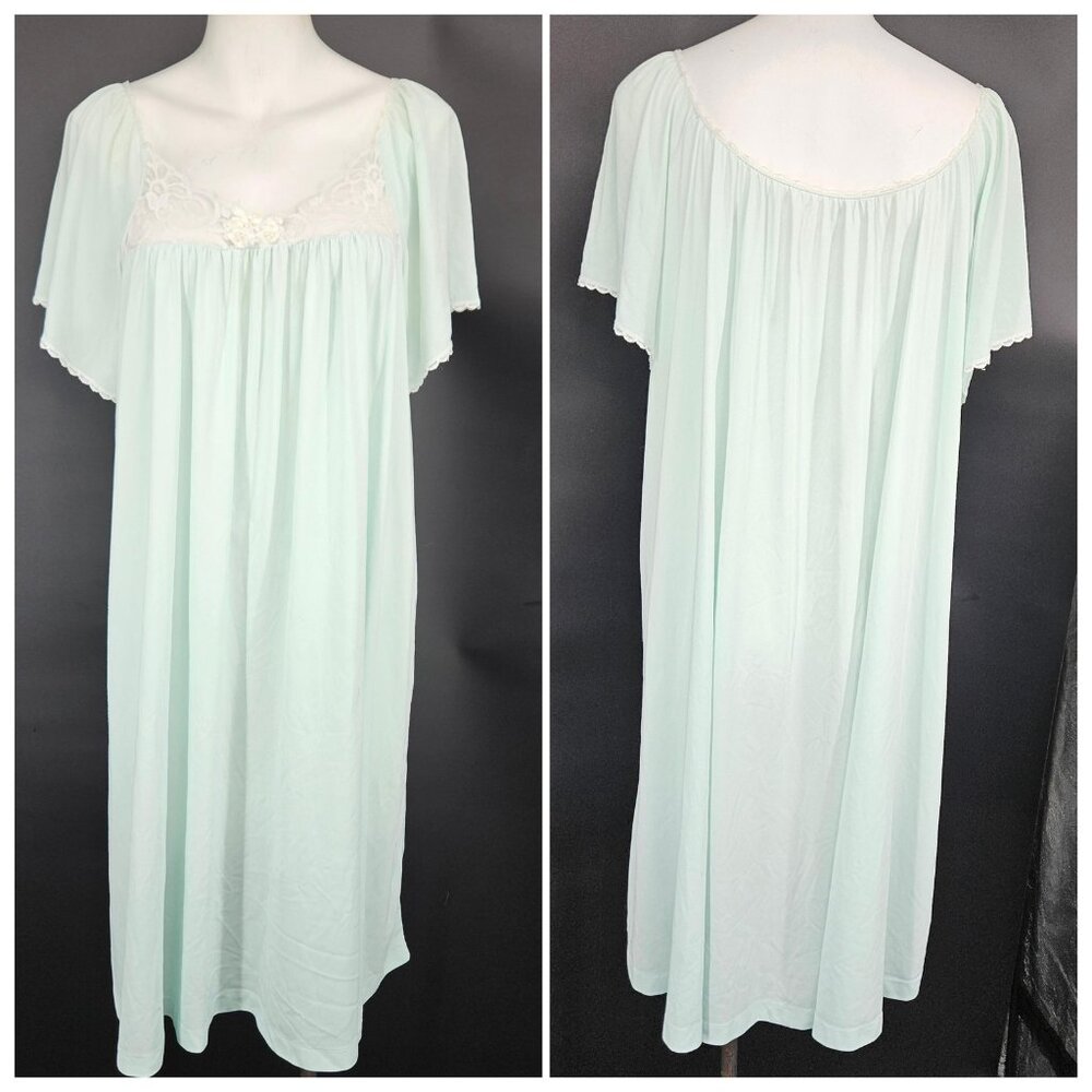Vint Nightgown One Size Mint Green Lace Short Sleeve 70s Romantic Nap Trad Dress